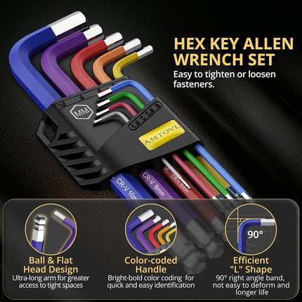 9PCS Metric Hex Key Set, 1.5-10mm Long Ball End Allen Wrenches for Bike & Auto