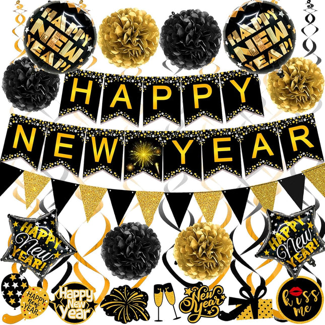 Happy New Year Party Decoration Set – Banner, Bunting, Balloons & Swirls