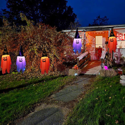 2-Piece Lighted Halloween Ghost Witch Hats, Glowing Hanging Indoor Outdoor Decor