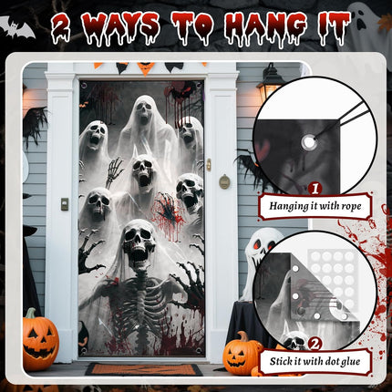 Halloween Door Cover 79x35in, Scary Skeleton Zombie Banner for Haunted House Decor