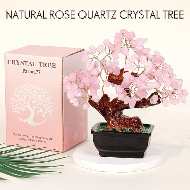 Pink Rose Quartz Cherry Blossom Bonsai Tree, 7-Inch Feng Shui Crystal Home Decor