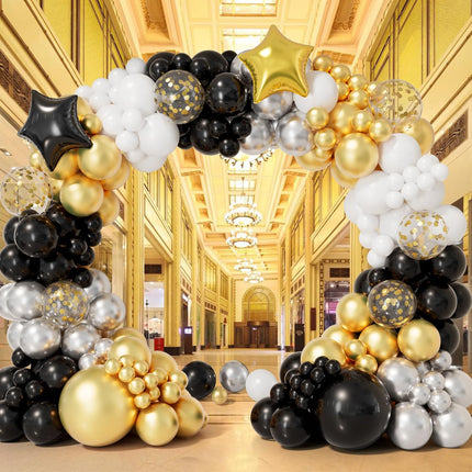 152-Pc New Year Balloon Arch Kit – Black, Gold, White & Silver Balloons