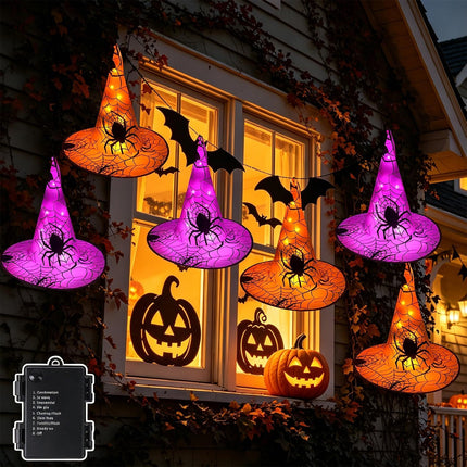 6-Piece Lighted Halloween Witch Hats, 14FT String Lights, 8 Modes & Timer
