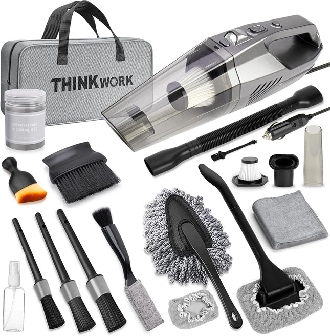 Car Cleaning Kit with 8000Pa Vacuum, 7Pcs Detailing Brushes & Storage Bag, Gray