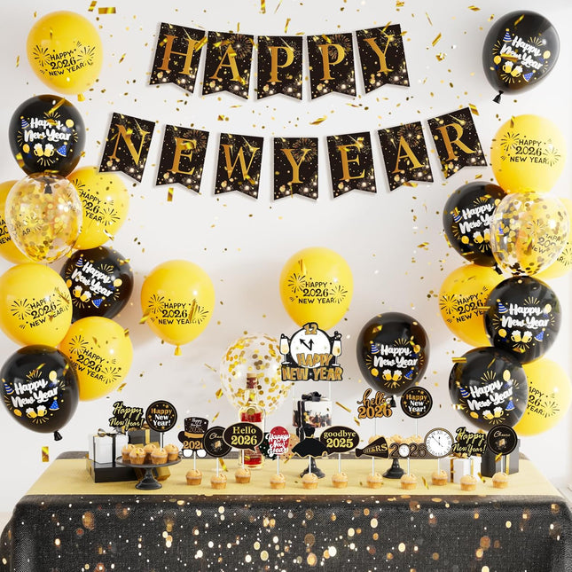 Happy New Year 2026 Party Decorations – Black & Gold Balloons & Banner Set