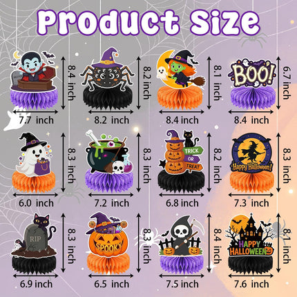 12-Piece Halloween Honeycomb Centerpieces, Pumpkin Ghost Witch Vampire Table Decor