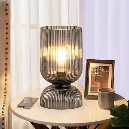Modern Glass Table Lamp Mid Century Smoky Gray Shade Bedside Nightstand Lamp