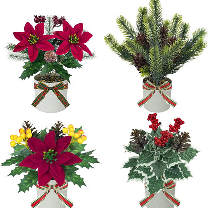 Small Fake Christmas Potted Plants – 4-Piece Indoor Tabletop Winter Decor Set