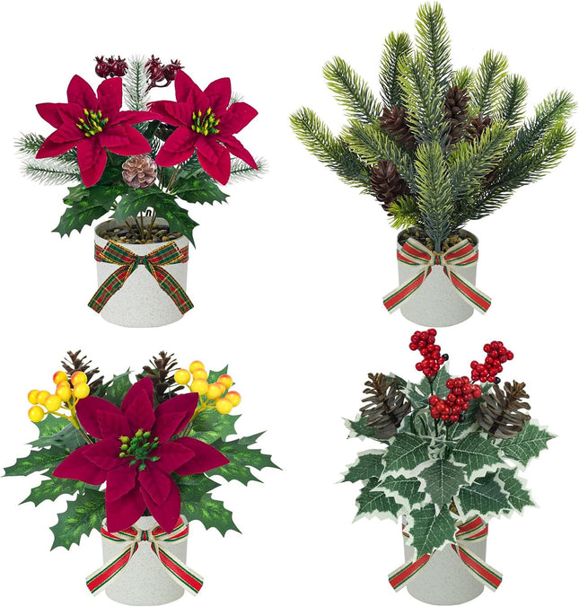 Small Fake Christmas Potted Plants – 4-Piece Indoor Tabletop Winter Decor Set