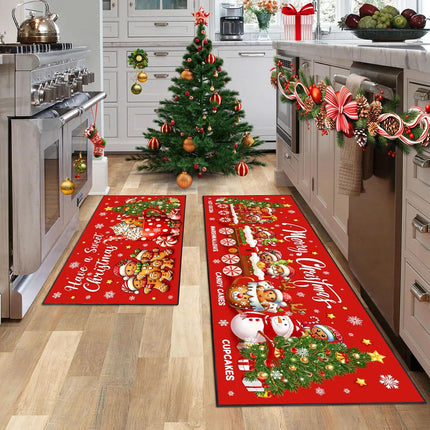 Holiday Kitchen Rug Set – Merry Christmas Gingerbread Mats 17"x47"+17"x30"