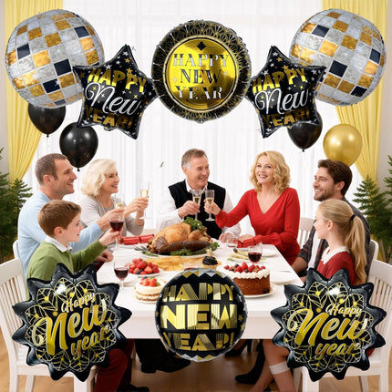 10-Piece Happy New Year 2026 Balloons – Black & Gold Party Supplies