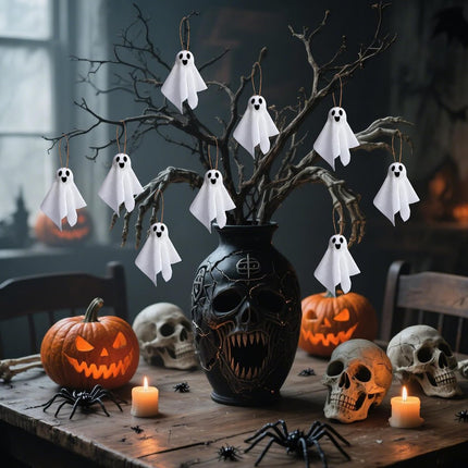 16-Piece 3.5in Halloween Hanging Ghosts, Rustic White Cloth Tree & Yard Decor