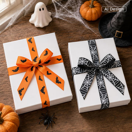 2-Roll Halloween Grosgrain Ribbon 3/8in x 20 Yards, Bat & Spider Web Print