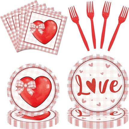 96 PCS Valentine’s Day Plates & Napkins Set: Red Heart Paper Dinnerware for 24