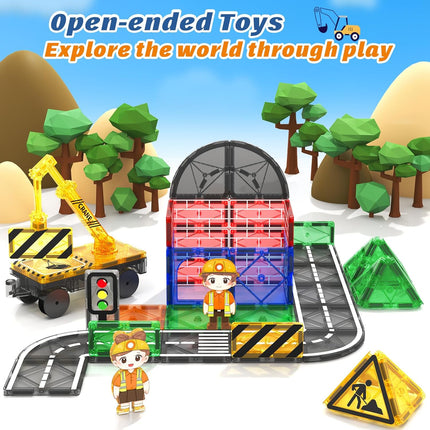 Magnetic Tiles Road Set with Crane & Car, STEM Construction Toy for Kids 3+