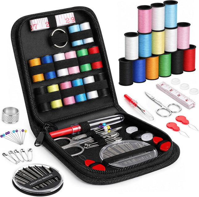 Mini Travel Sewing Kit for Girls, Portable Needle and Thread Set with Scissors, Black Case
