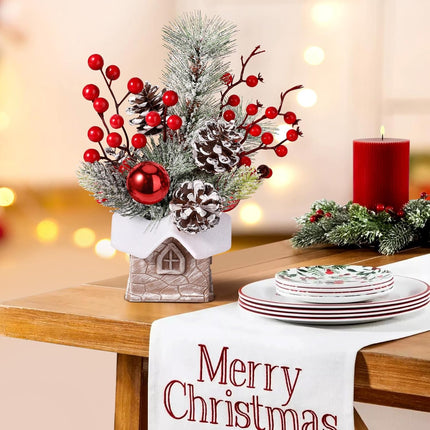 Small Christmas Tree with Snow Tabletop Decor with Ornaments, Pine & Berry