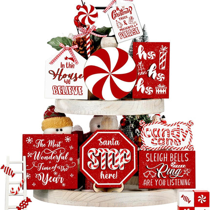 14-Pcs Rustic Christmas Tiered Tray Decorations, Snowman, Santa, and Candy Wood Accents
