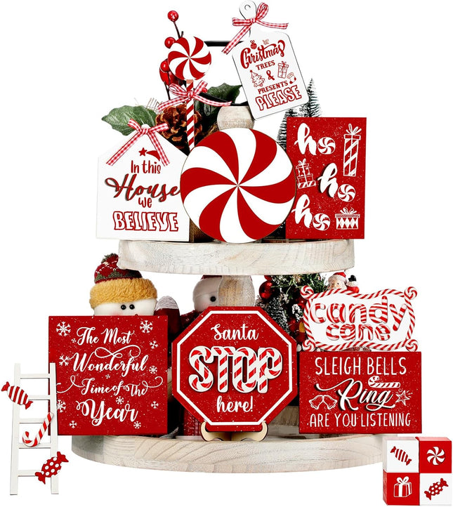 14-Pcs Rustic Christmas Tiered Tray Decorations, Snowman, Santa, and Candy Wood Accents