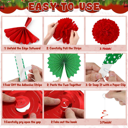 28PCS Christmas Decorations Set – Banner, Paper Fans, Garland & Swirls