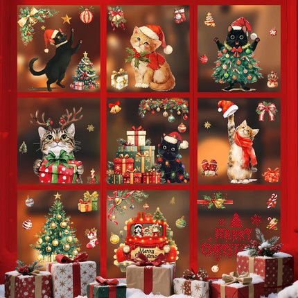 9PCS Christmas Cat Window Clings – Cute Xmas Snowflake Stickers for Holiday Decor
