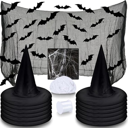 12-Piece Halloween Witch Hat Decor Set, 16 3D Bats, Spider Web & Creepy Cloth