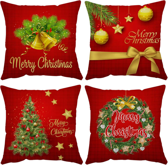 4-Pack Merry Christmas Pillow Covers, 16x16 Velvet Christmas Pillow Cases for Winter Holidays