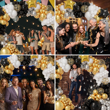 152-Pc New Year Balloon Arch Kit – Black, Gold, White & Silver Balloons