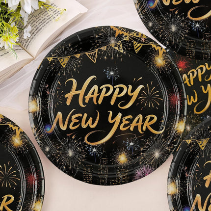Happy New Year 2026 Tableware Set – 50-Pc Black & Gold Plates & Napkins