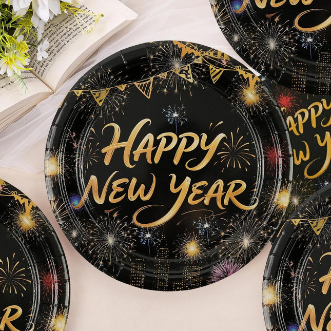 Happy New Year 2026 Tableware Set – 50-Pc Black & Gold Plates & Napkins