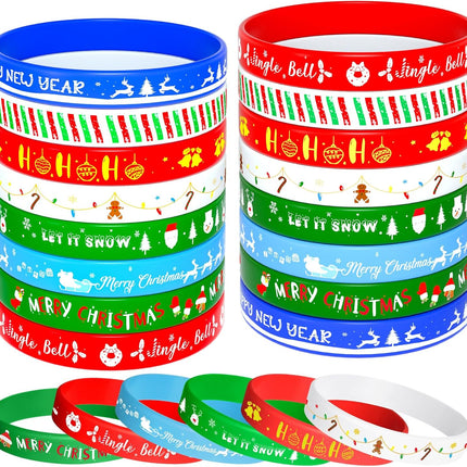 24PCS Christmas Silicone Bracelets, 8 Styles with Xmas Patterns, Rubber Wristbands