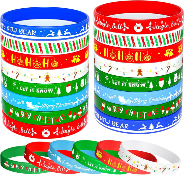 24PCS Christmas Silicone Bracelets, 8 Styles with Xmas Patterns, Rubber Wristbands