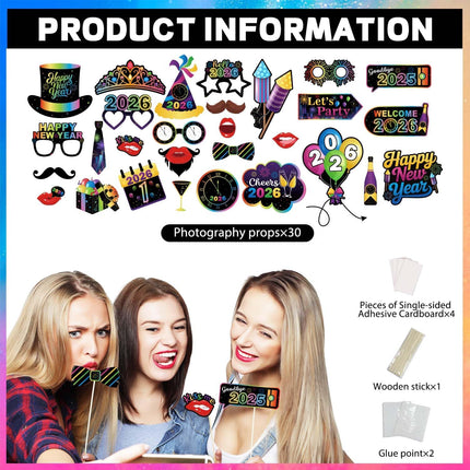 31-Piece New Year 2026 Photo Booth Props – Colorful NYE Party Decorations