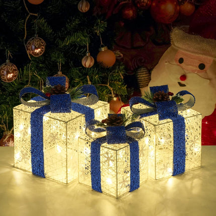 3-Pack Light-Up Christmas Gift Boxes – Warm White LED, Battery Operated, Blue Bow