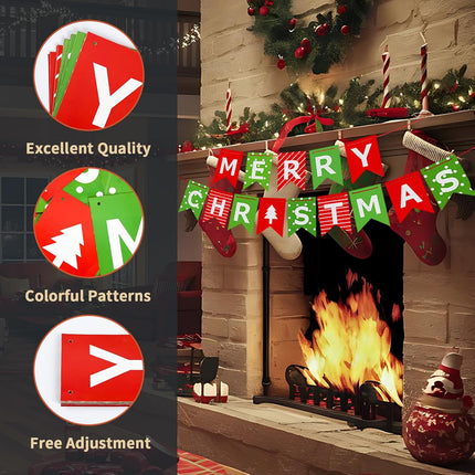 Merry Christmas Banner – Red Green Paper Sign for Fireplace, Wall & Window