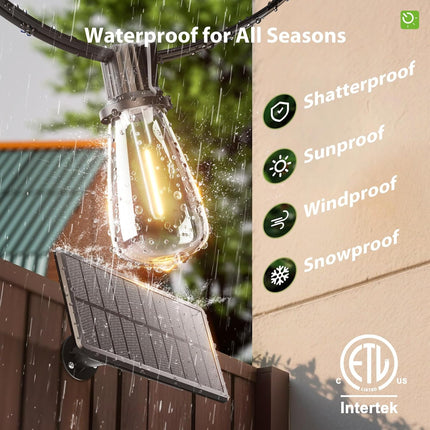 54FT Solar Patio String Lights – Waterproof, Dimmable LED with USB Charging & Remote