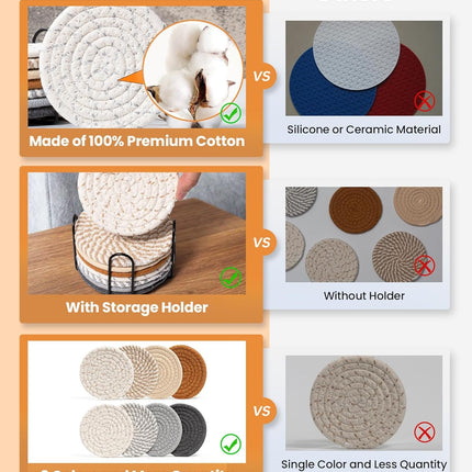 8PCS Drink Coasters Set with Holder Absorbent Woven Cotton Coasters