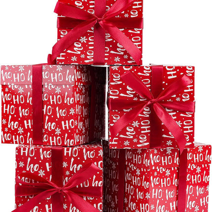 5-Pack Square Red Christmas Gift Boxes, Lids, Ribbons & Tissue Paper Included
