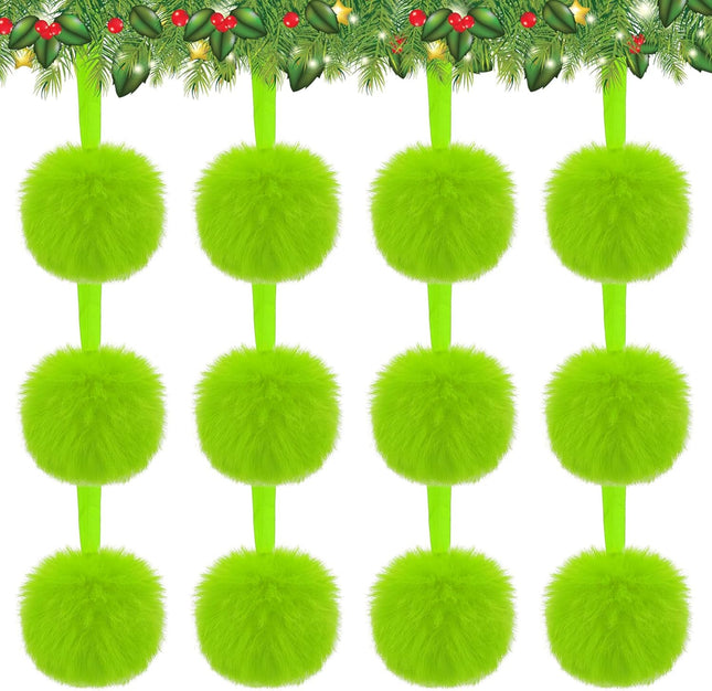 12pcs Lime Green Furry Ornaments – Faux Fur Pom Pom Balls for Christmas Décor
