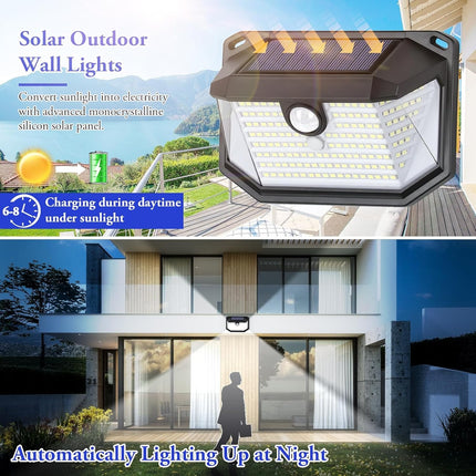 Solar Outdoor Lights 2 Pack, 178 LED Motion Sensor Wall Lights, 270° Wide Angle, 3 Modes