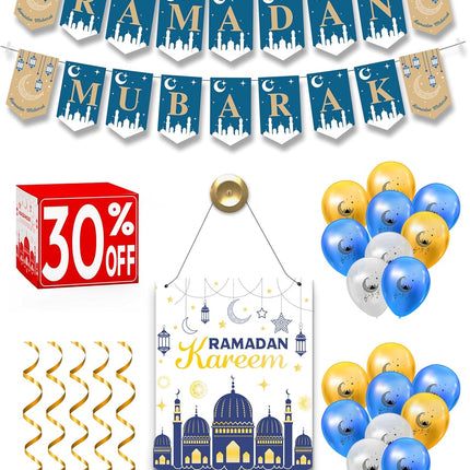 2026 Ramadan Home Decor Set: Wreath, 2 Banners, 18 Balloons & Mubarak Gifts