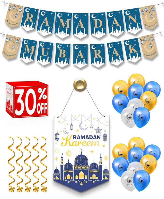 2026 Ramadan Home Decor Set: Wreath, 2 Banners, 18 Balloons & Mubarak Gifts