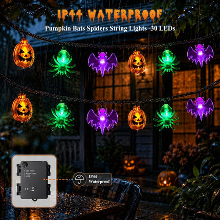 20FT Halloween String Lights, 30 LED Pumpkin Spider Bat Lights, Timer, Indoor Outdoor