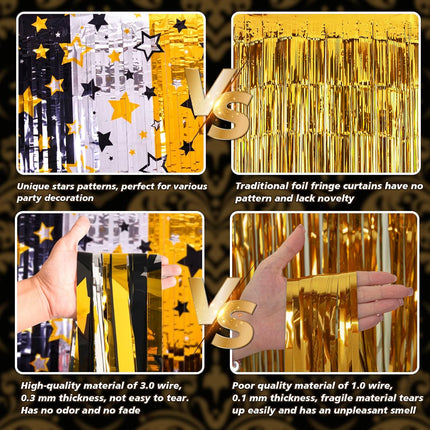 2-Piece New Year Party Backdrop – 3.3×6.6ft Foil Fringe Black, Gold, Silver