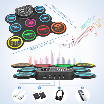 Electronic Drum Set – 9-Pad Roll-up Kit, Headphone Jack, 10H Playtime, Gifts for Kids