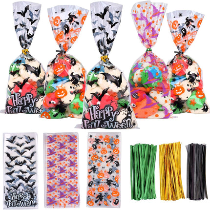 150-Piece Halloween Cellophane Treat Bags with 300 Twist Ties, Bat Pumpkin Witch