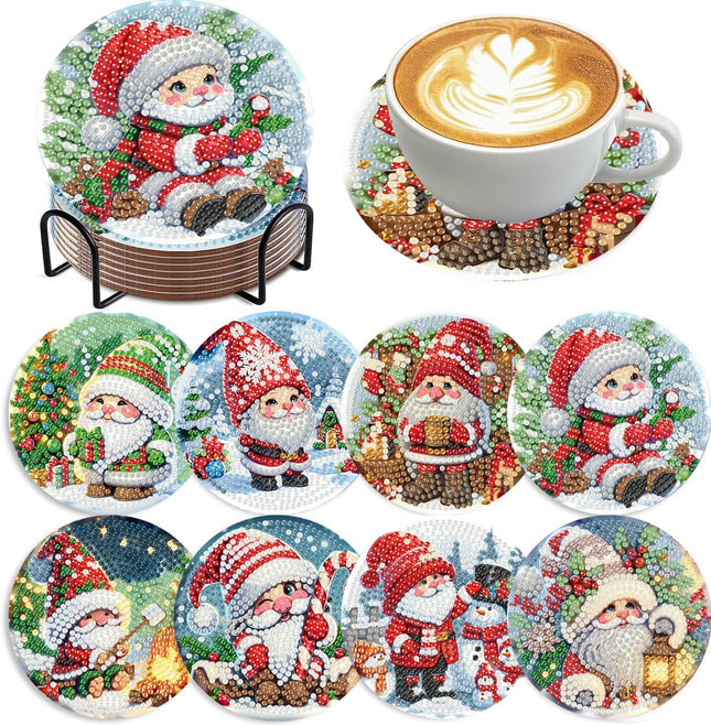 8PCS Christmas Diamond Art Coasters Kits with Holder – 5D DIY Santa Claus Diamond Painting