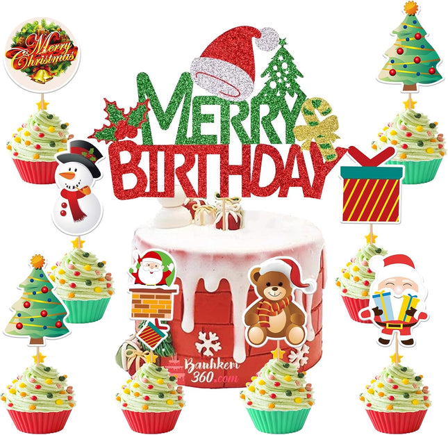 43-Pcs Christmas Cake Toppers – Glitter Santa, Snowman & Socks Cupcake Decor