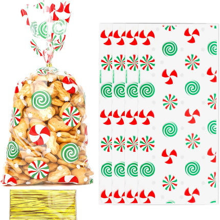 50PCS Christmas Treat Bags – Red & Green Candy Print Cellophane Candy Bags for Holiday Gifts