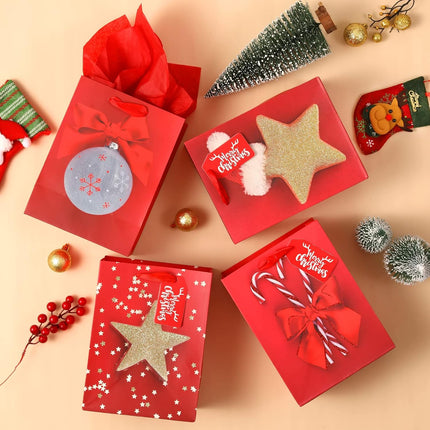 4PCS Medium Xmas Gift Bags – 9" Holiday Wrapping Bags with Tissue Paper